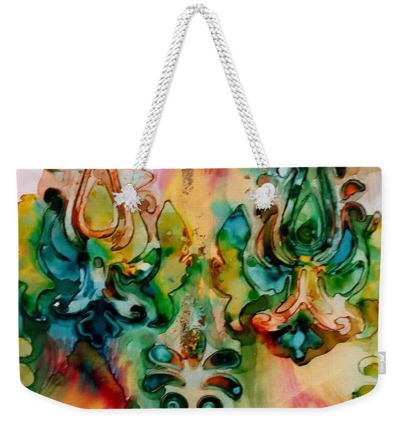 Alcohol Ink Weekender Tote Bag featuring the painting Messy Fleur de Lis by Beth Kluth