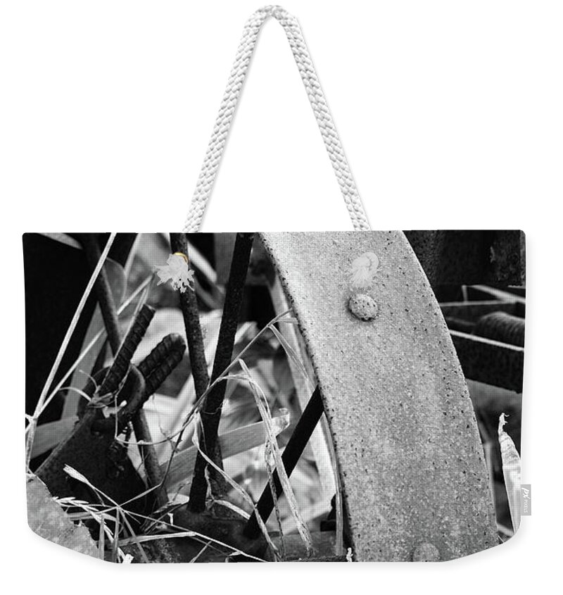 Rusting Weekender Tote Bag featuring the photograph Metal Wheel by Michael Peychich
