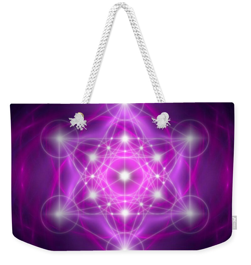 Metatron Weekender Tote Bag featuring the digital art Metatron's Cube purple by Alexa Szlavics