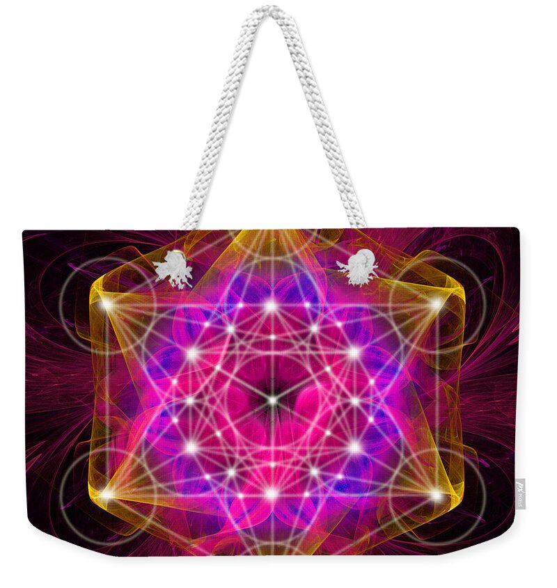 Metatrons Cube Weekender Tote Bag featuring the digital art Metatron's cube with flower of life by Alexa Szlavics