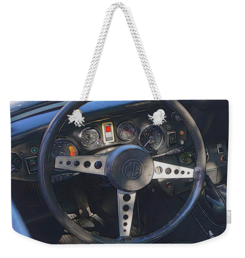 Mg Midget Weekender Tote Bag featuring the digital art MG Midget Steering Wheel by Cathy Anderson