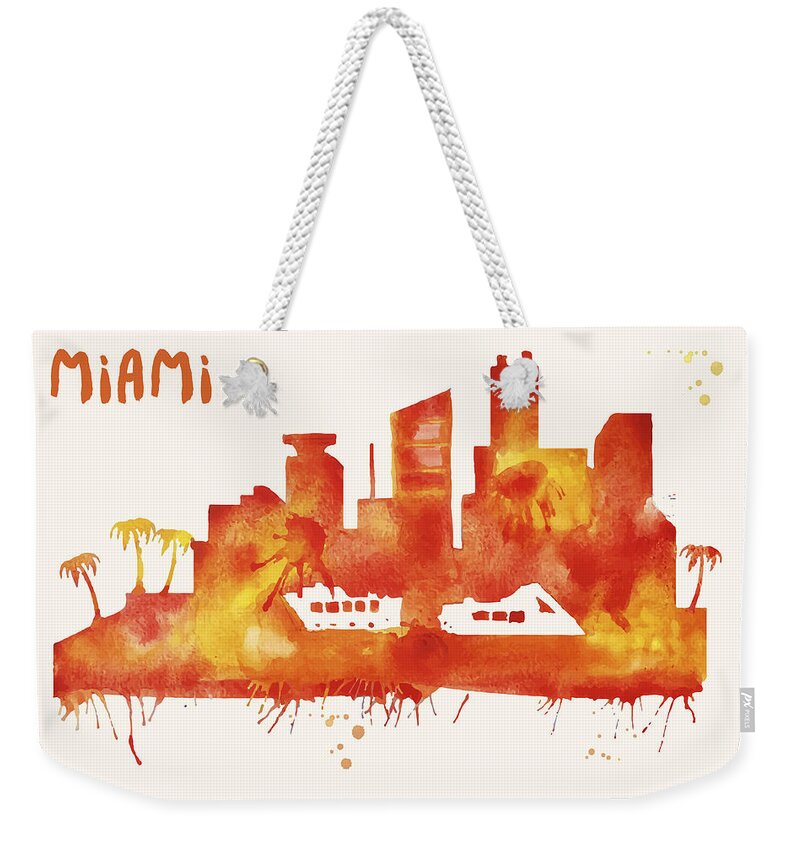 Miami Weekender Tote Bag featuring the painting Miami Skyline Watercolor Poster - Cityscape Painting Artwork by Beautify My Walls