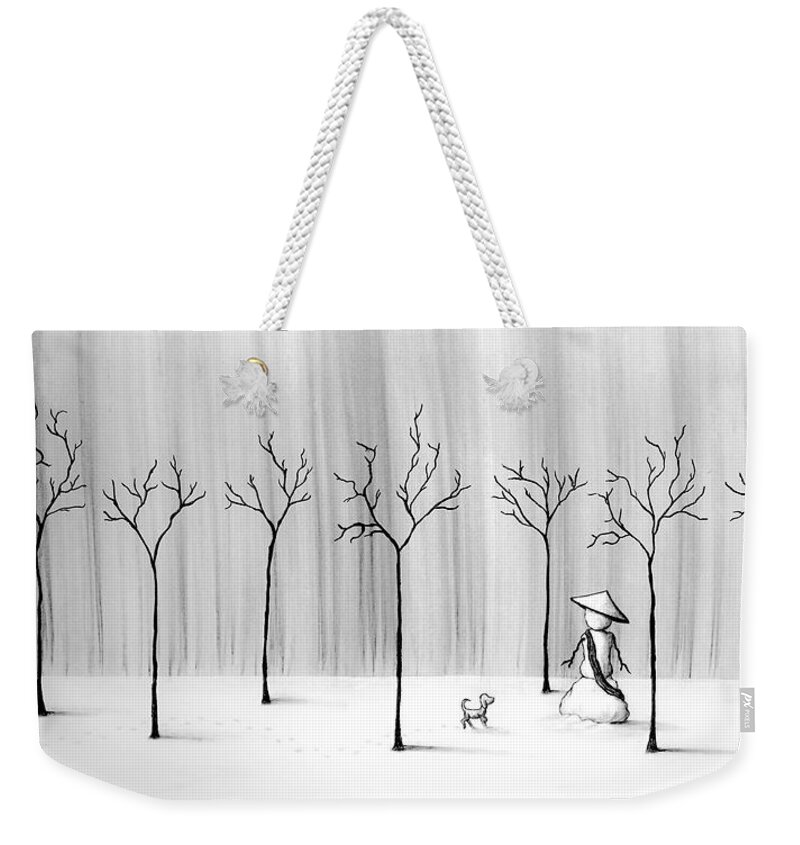 Snow Weekender Tote Bag featuring the drawing Micah Monk 10 - Snowmonk by Lori Grimmett
