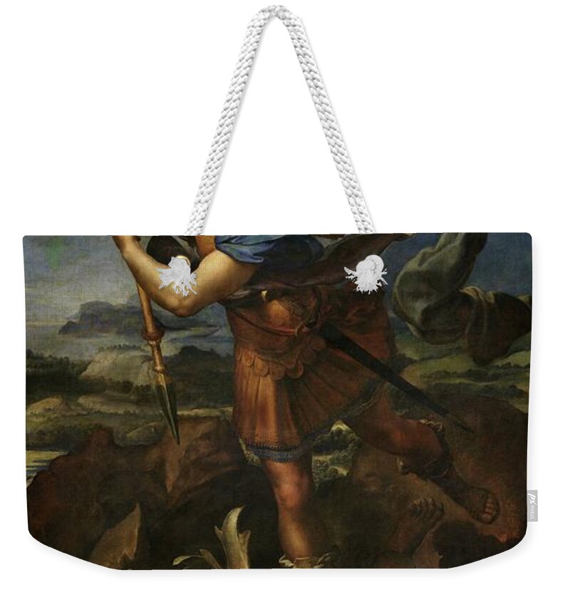 Urbino Weekender Tote Bag featuring the painting Michael defeats Satan by Raphael