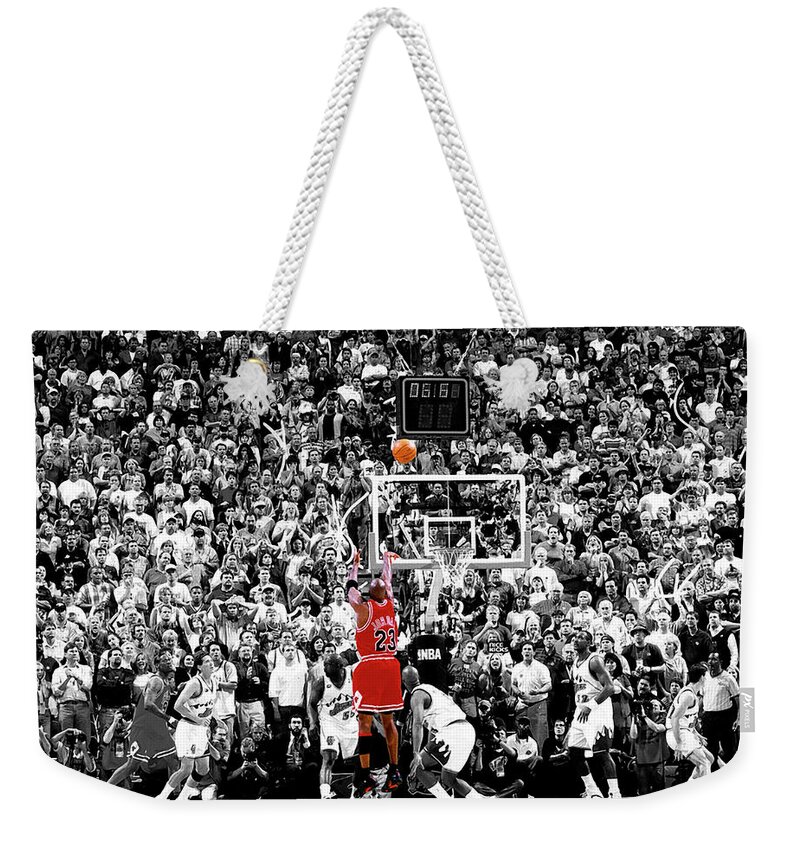 #faatoppicks Weekender Tote Bag featuring the photograph Michael Jordan Chicago Bulls A Shot for the Ages by Elite Editions