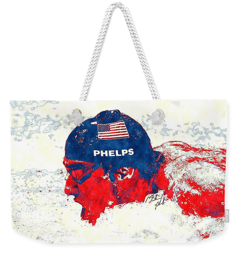 Michael Phelps Weekender Tote Bag featuring the digital art Michael Phelps by Binka Kirova