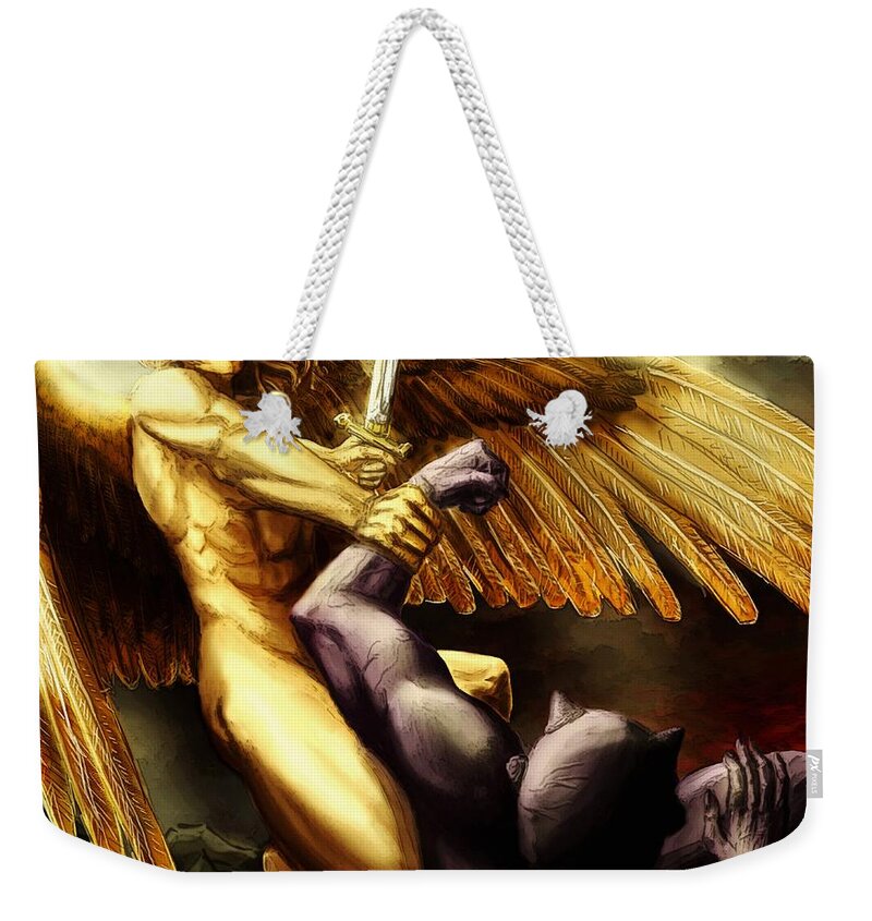 San Weekender Tote Bag featuring the painting Michael Vs Devil by Matteo TOTARO