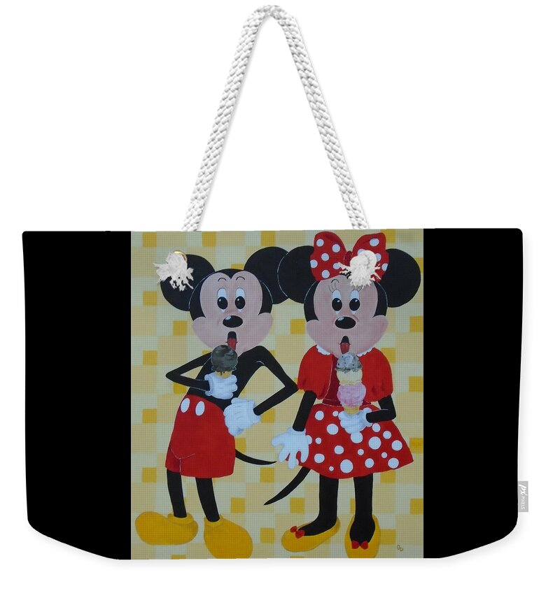 Pop Art Weekender Tote Bag featuring the painting Mickey and Minnie Love Ice Cream by Georgia Donovan