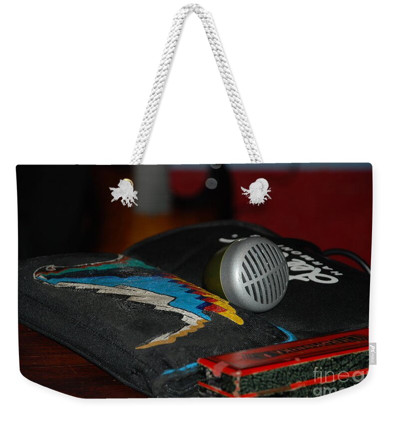 Blues Weekender Tote Bag featuring the photograph Microphone at rest by Jim Goodman