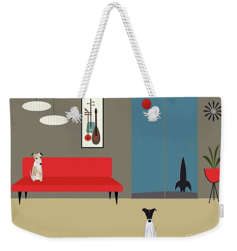 Mid Century Weekender Tote Bag featuring the digital art Mid Century Modern Fox Terriers by Donna Mibus