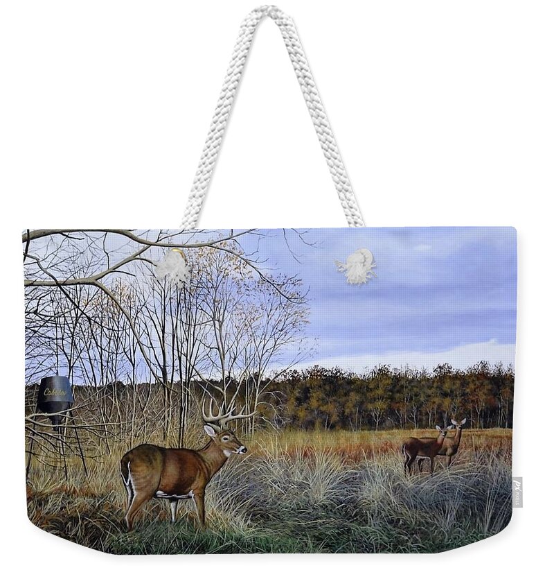 Cabelas Weekender Tote Bag featuring the painting Take Out - Deer by Anthony J Padgett