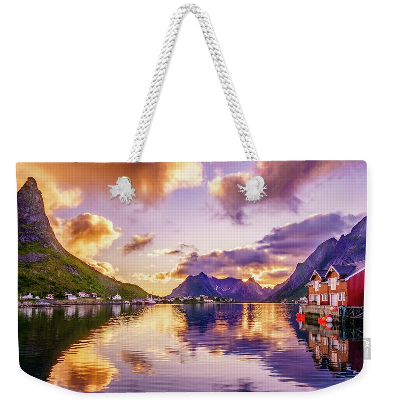Lofoten Weekender Tote Bag featuring the photograph Midnight sun reflections in Reine by Dmytro Korol