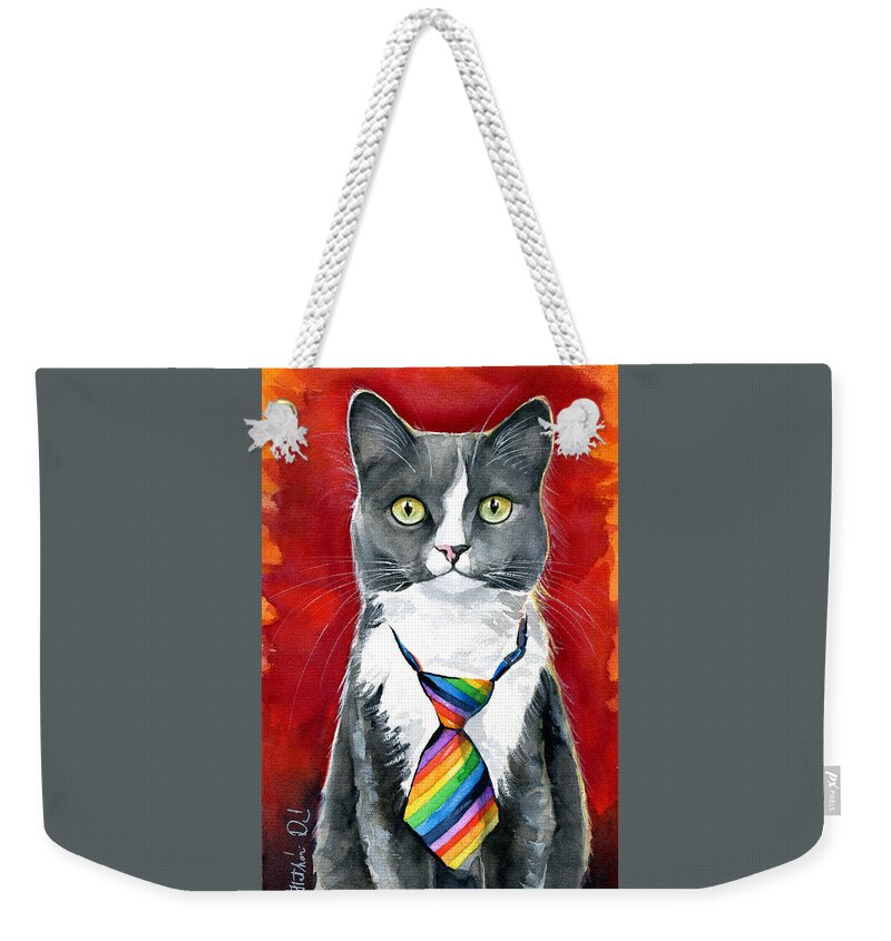 Cat Weekender Tote Bag featuring the painting Mika - Gray Tuxedo Cat Painting by Dora Hathazi Mendes