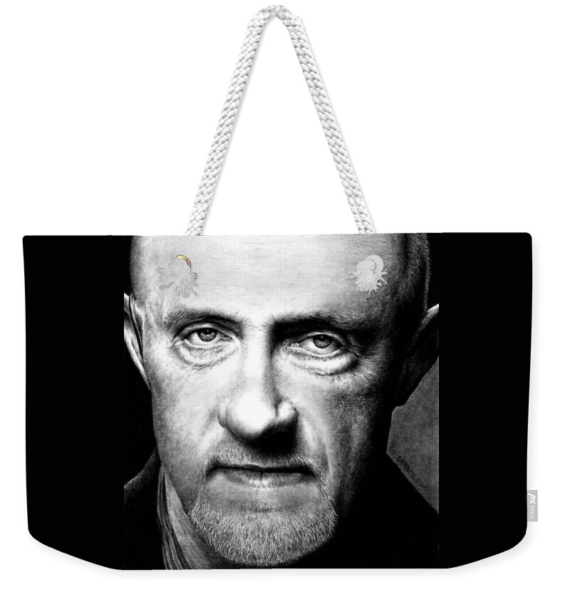 Jonathan Banks Weekender Tote Bag featuring the drawing Mike Ehrmantraut by Rick Fortson