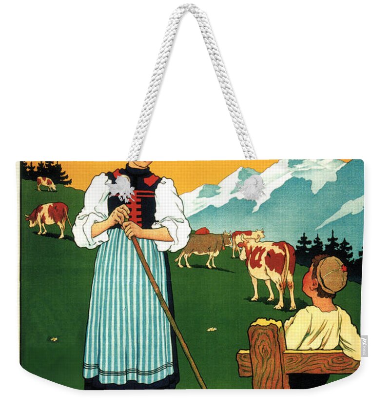 Milka Weekender Tote Bag featuring the mixed media Milka - Chocolat Suchard - Swiss Milk - Vintage Advertising Poster by Studio Grafiikka