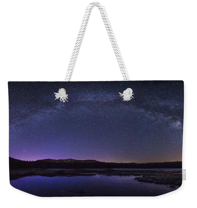 Milky Weekender Tote Bag featuring the photograph Milky Way over Lonesome Lake Panorama by White Mountain Images