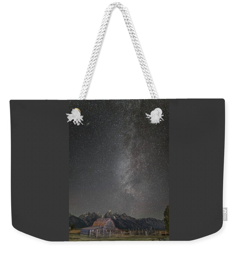 Grand Tetons Weekender Tote Bag featuring the photograph Milkyway Over the John Moulton Barn by Roman Kurywczak