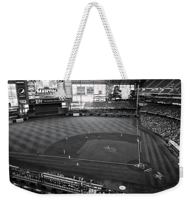 Baseball Weekender Tote Bag featuring the photograph Miller Park - Milwaukee - Wisconsin Black and White by Steven Ralser