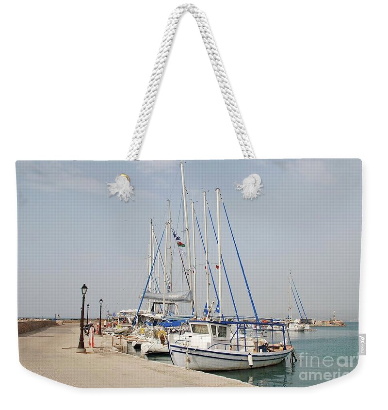 Agistri Weekender Tote Bag featuring the photograph Milos harbour on Agistri by David Fowler