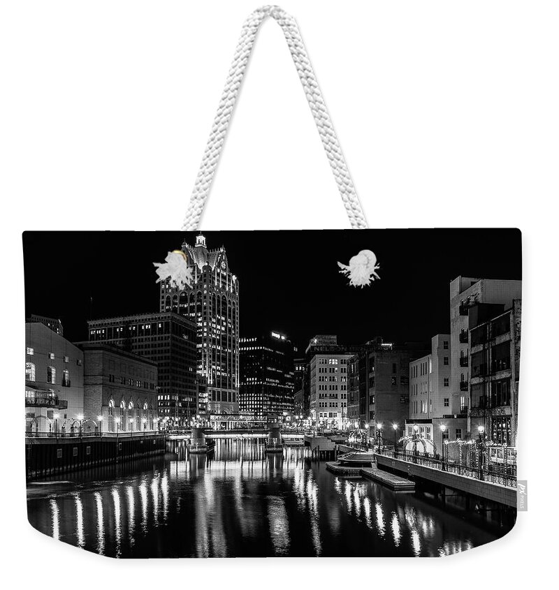 Monochrome Weekender Tote Bag featuring the photograph Milwaukee at Night by John Roach