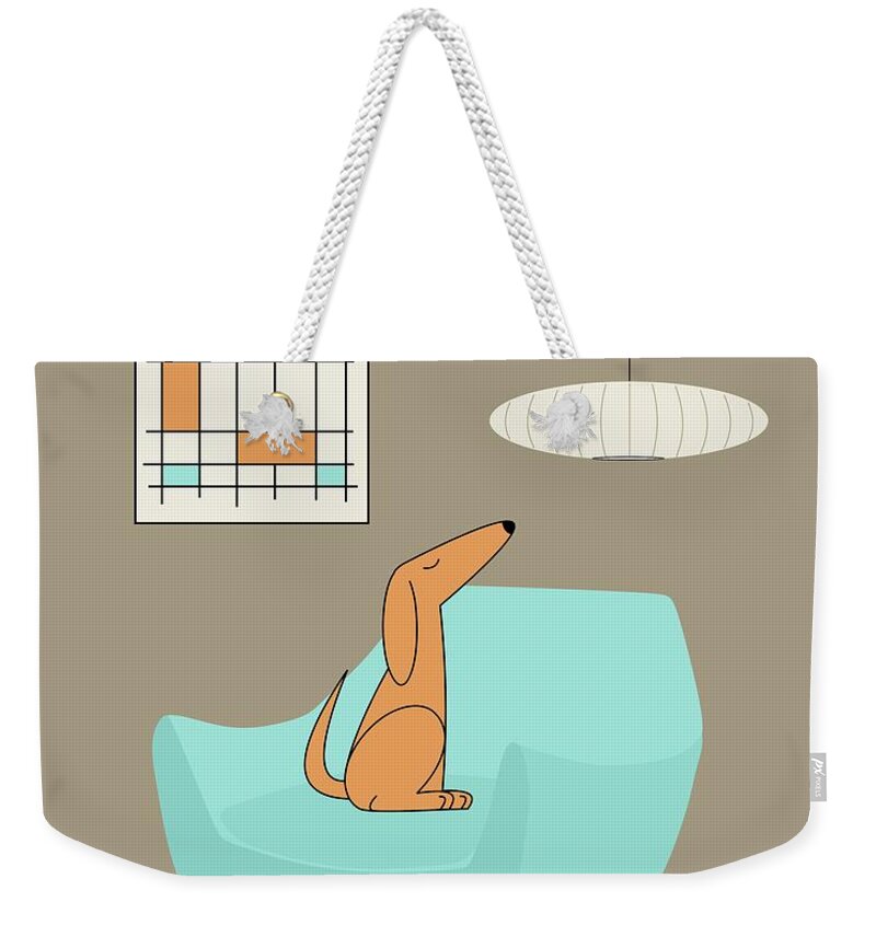 Mid Century Modern Weekender Tote Bag featuring the photograph Mini Abstract Blue Chair Orange Dog by Donna Mibus