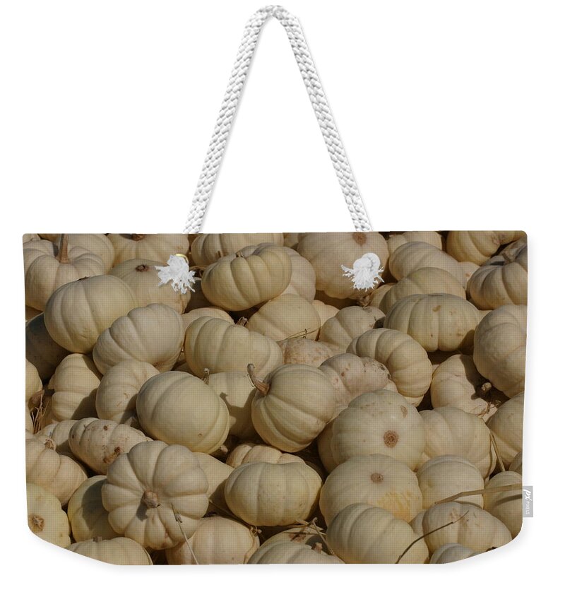 White Weekender Tote Bag featuring the photograph Mini White Pumpkins by Jeff Floyd CA