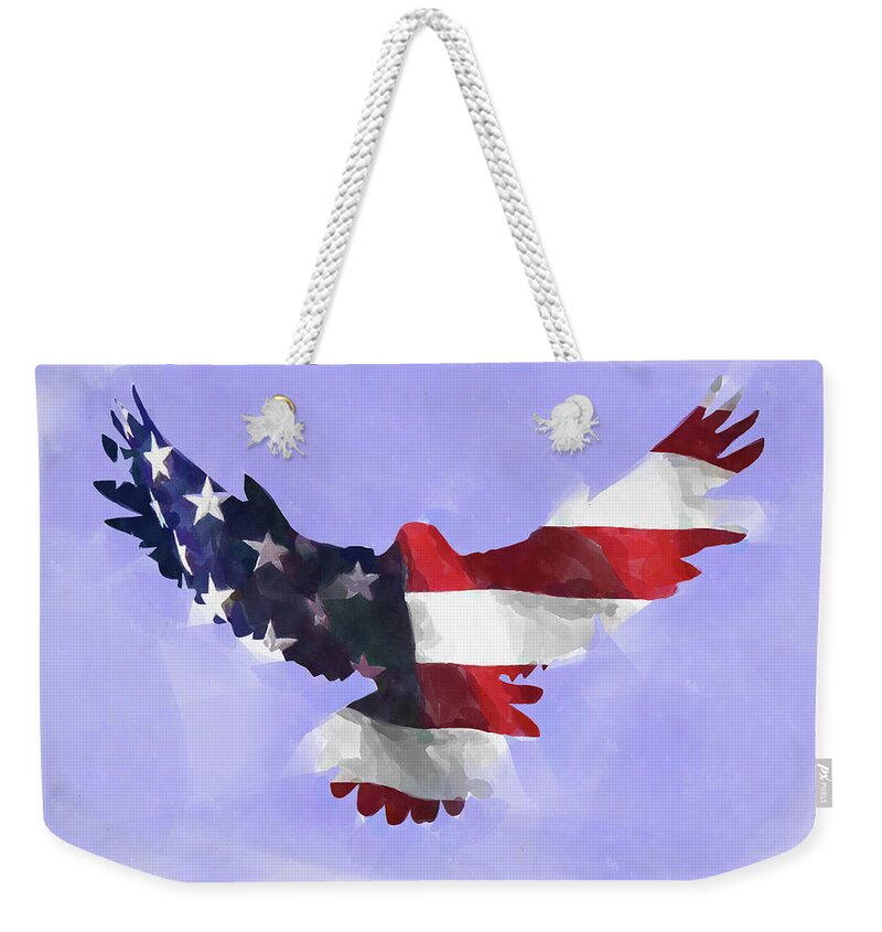 Eagle Weekender Tote Bag featuring the digital art Minimal Abstract Eagle With Flag Watercolor by Ricky Barnard