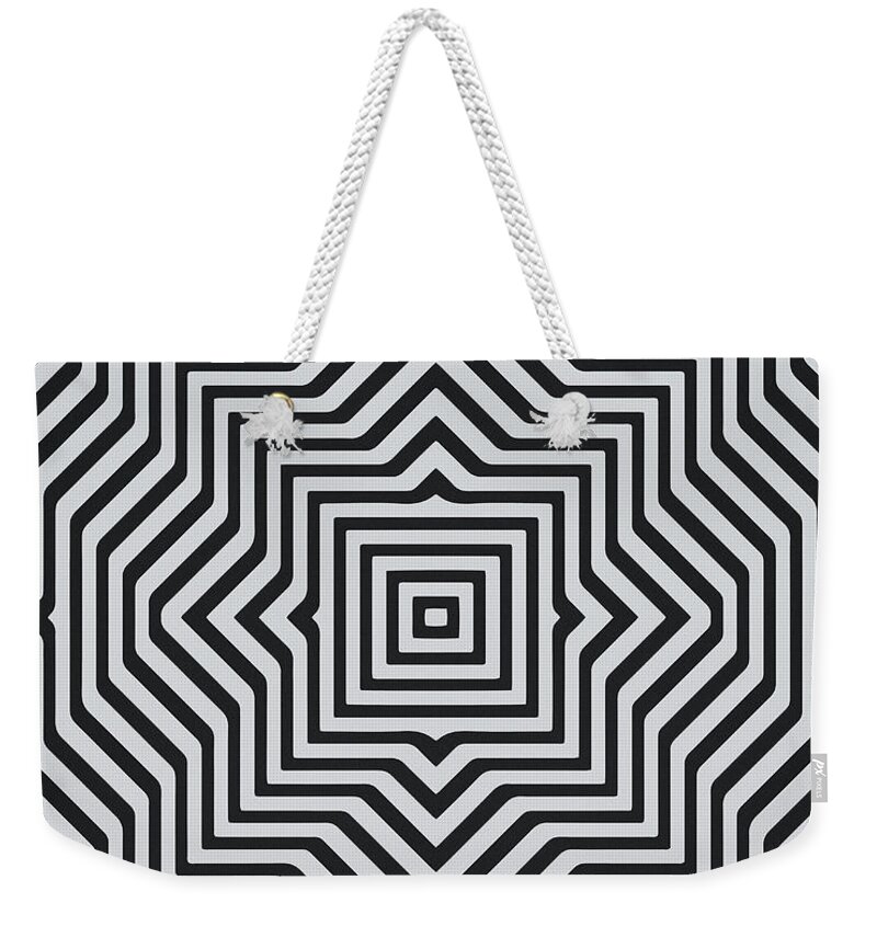 Hexagonal Weekender Tote Bag featuring the digital art Minimal Geometrical Optical Illusion Style Pattern in Black White T-Shirt by Philipp Rietz