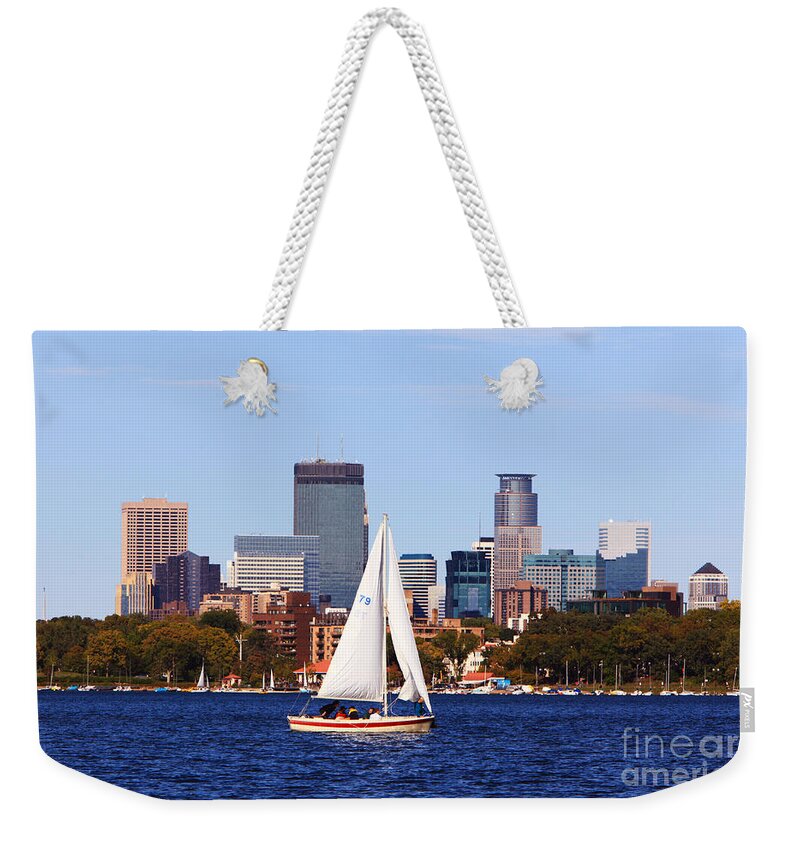 Minneapolis Skyline Painting Weekender Tote Bag featuring the photograph Minneapolis Skyline Lake Calhoun Sailing by Wayne Moran