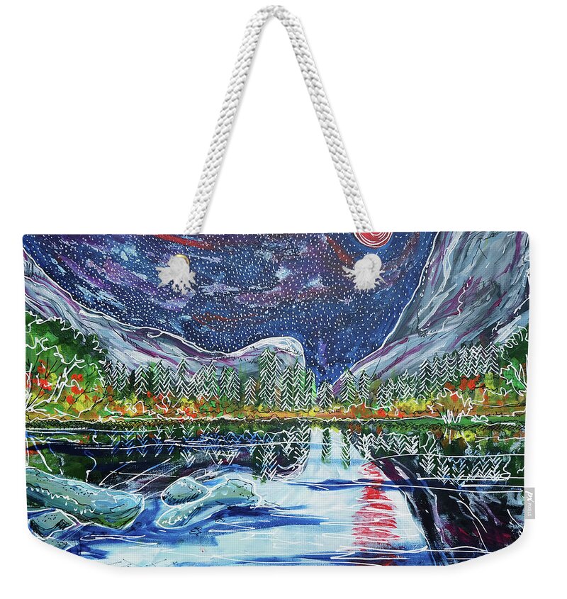 Mirror Lake Weekender Tote Bag featuring the painting Mirror Lake by Laura Hol