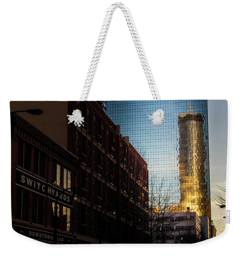 Reflection Weekender Tote Bag featuring the photograph Mirror Reflection of Peachtree Plaza by Kenny Thomas