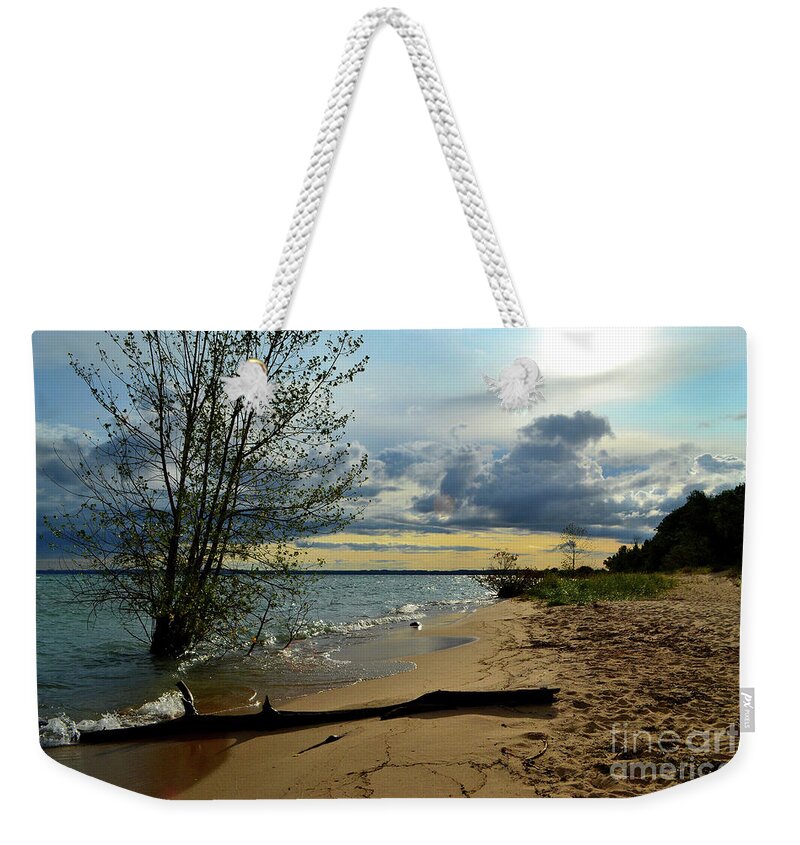 Michigan Weekender Tote Bag featuring the photograph Mission Point Beach Sunrise by Amy Lucid