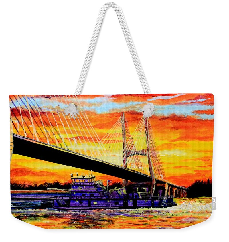 Bridge Weekender Tote Bag featuring the painting Mississippi River Bridge Greenville MS by Karl Wagner