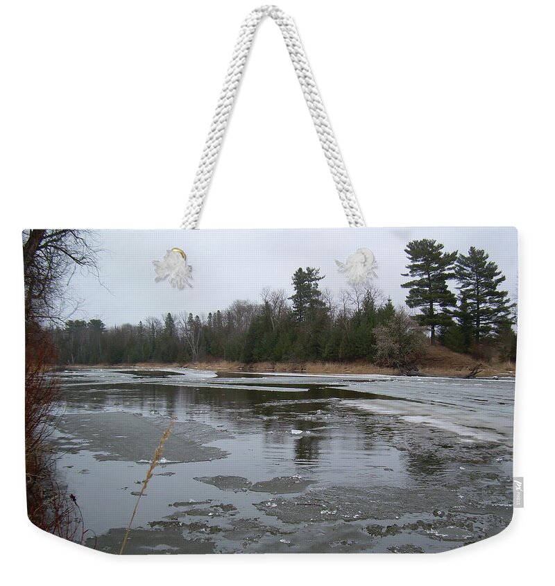 Mississippi River Weekender Tote Bag featuring the photograph Mississippi river ice flow by Kent Lorentzen