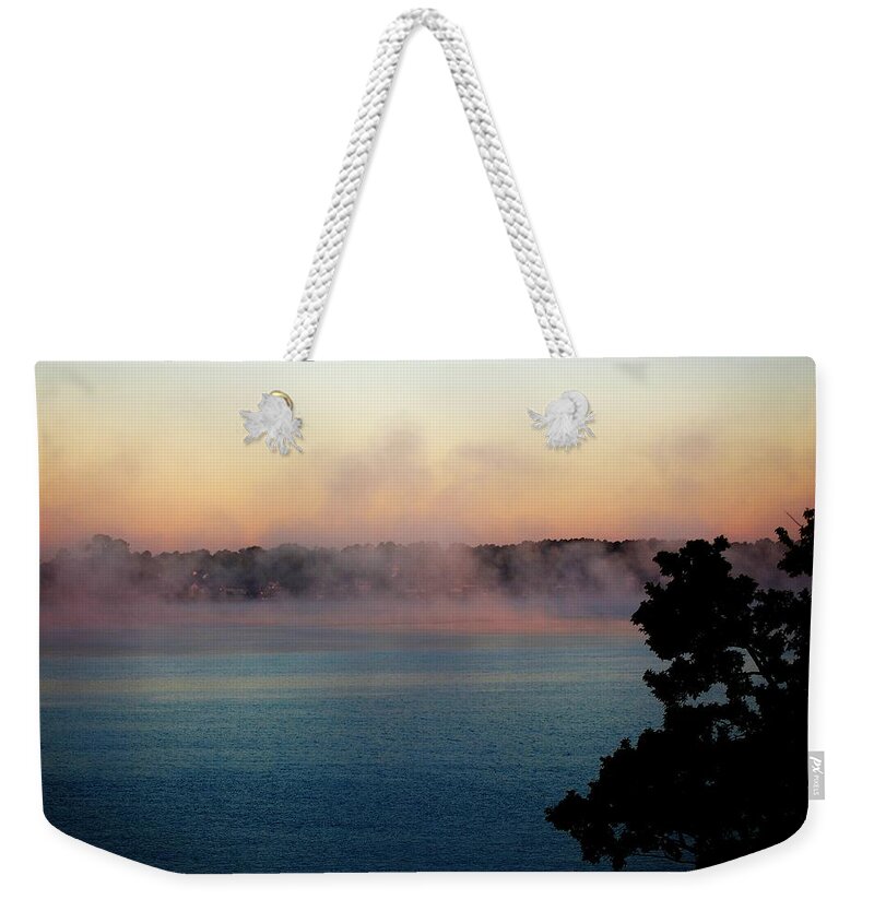 Lake Weekender Tote Bag featuring the photograph Mist over Lake Conroe Texas by David Lane