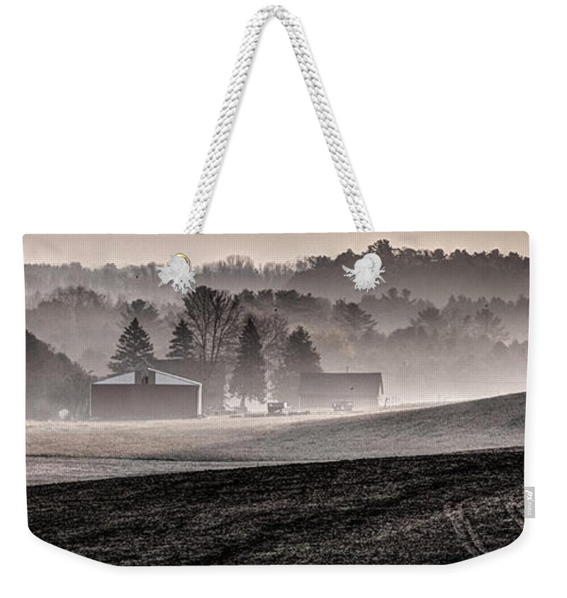 Wisconsin Weekender Tote Bag featuring the photograph Misty Farm by David Heilman