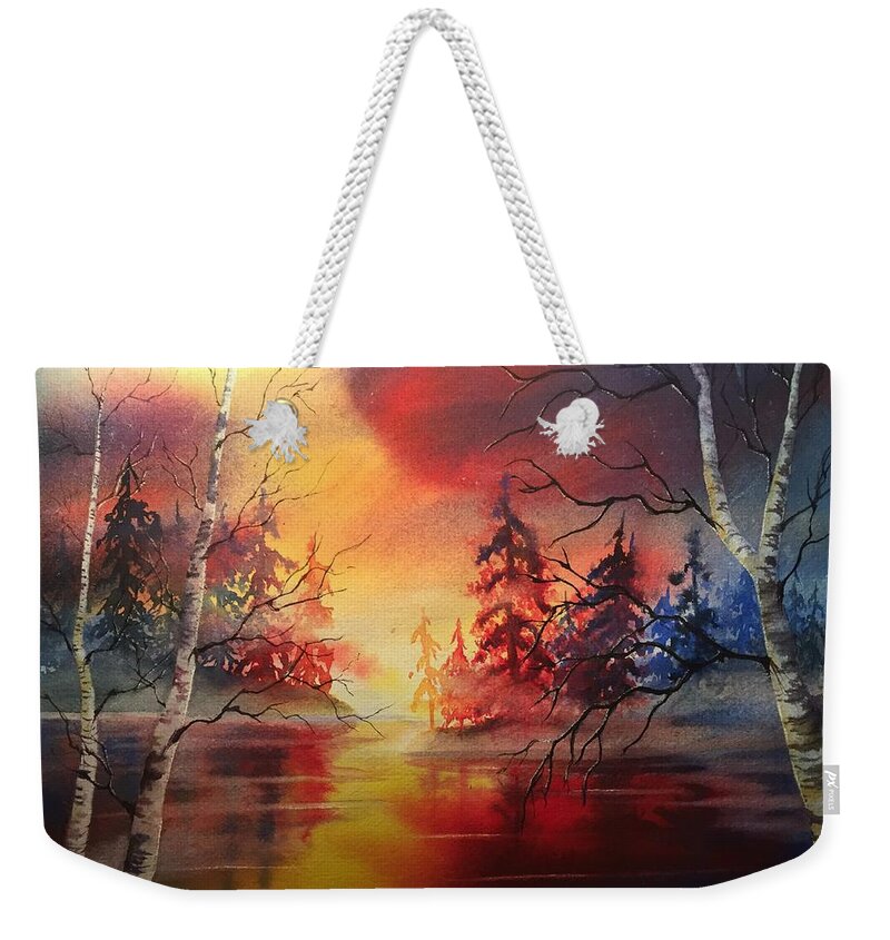Lake Weekender Tote Bag featuring the painting Misty Lake by Marilyn Jacobson