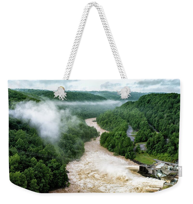 Summersville Weekender Tote Bag featuring the photograph Misty Morning At Summersville Lake Dam by Mark Allen