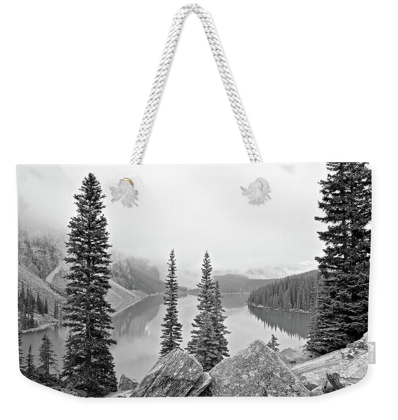 Lake Weekender Tote Bag featuring the photograph Misty Morning Black and White by Frozen in Time Fine Art Photography
