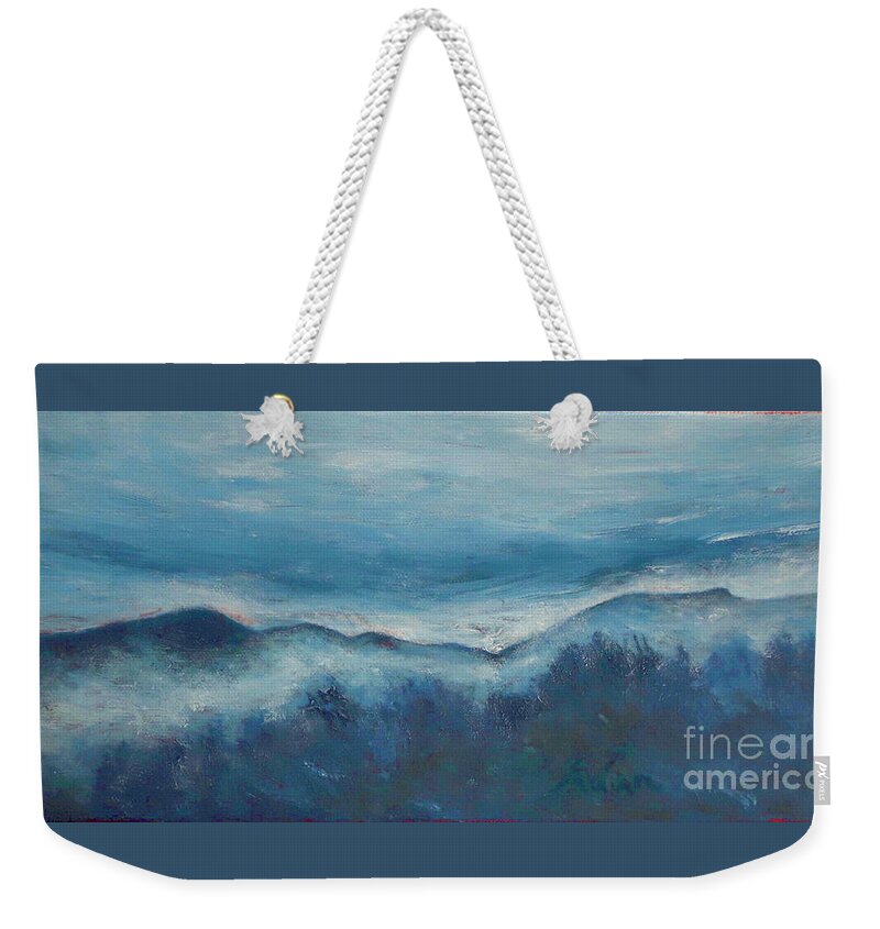 Mount Mansfield Weekender Tote Bag featuring the painting Misty Morning Fog Mount Mansfield Panorama Painting by Felipe Adan Lerma