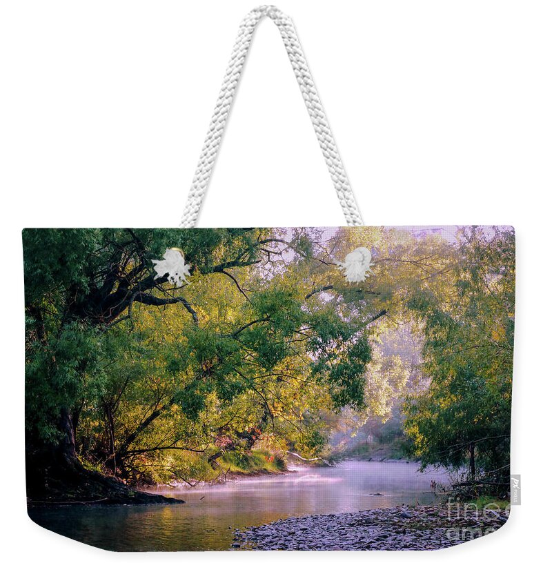 Man From Snowy River Series Bu Lexa Harpell Weekender Tote Bag featuring the photograph Misty Morning on Nariel Creek by Lexa Harpell