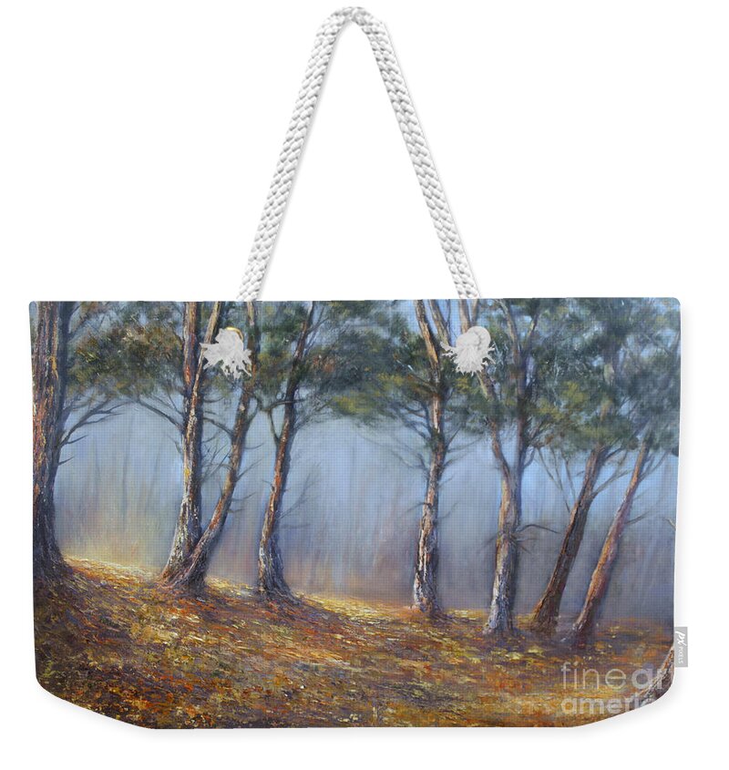 Pine Forest Weekender Tote Bag featuring the painting Misty Pines by Valerie Travers