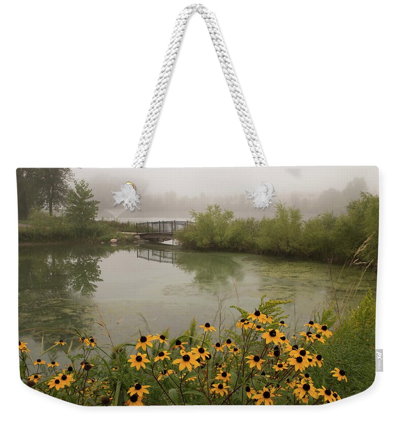Fog Weekender Tote Bag featuring the photograph Misty Pond Bridge Reflection #4 by Patti Deters
