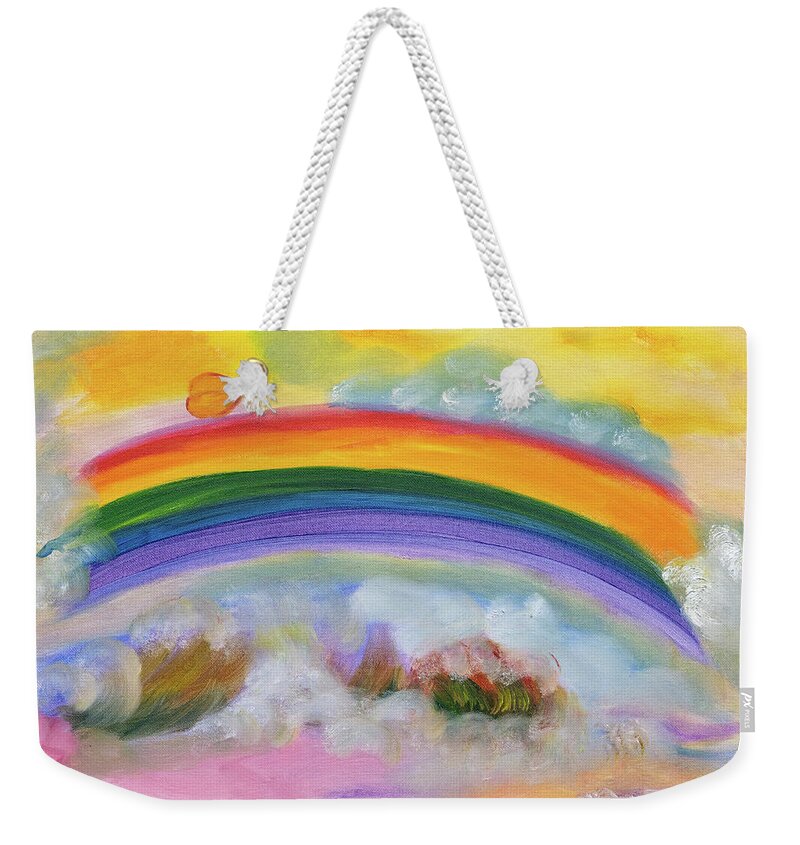 Rainbow Weekender Tote Bag featuring the painting Misty Rainbow by Meryl Goudey