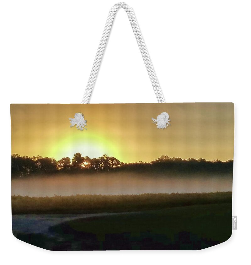 Wright Weekender Tote Bag featuring the photograph Misty Sunrise by Paulette B Wright