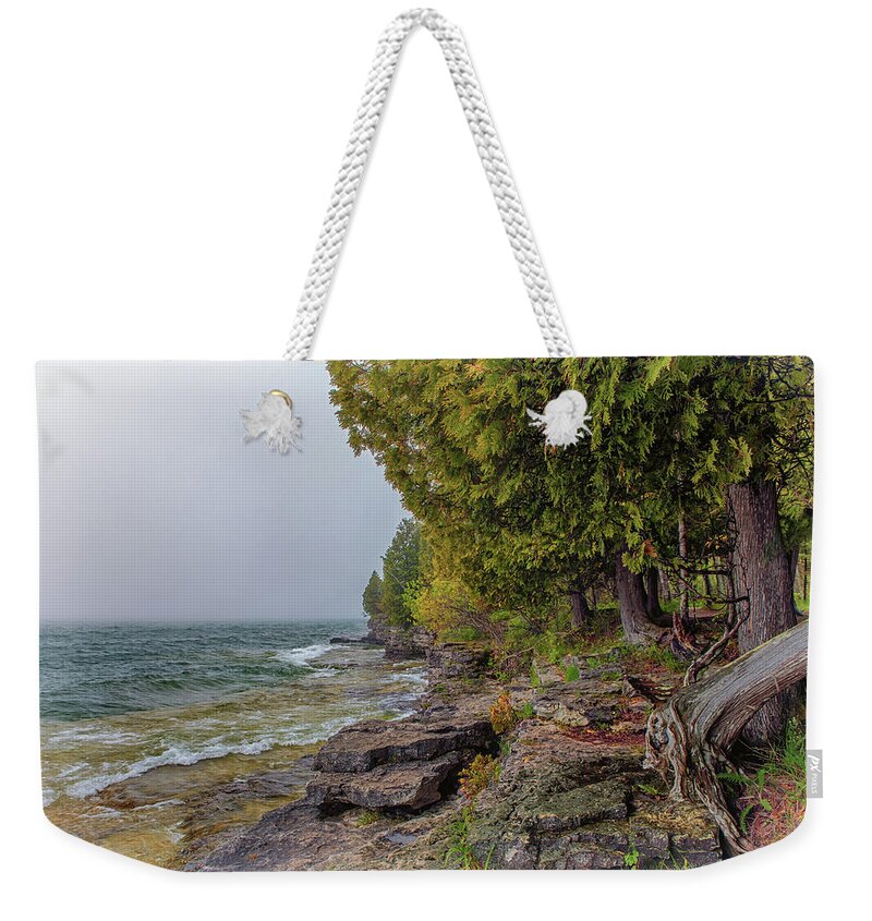 Cave Point Weekender Tote Bag featuring the photograph Misty Waters by Susan Rissi Tregoning