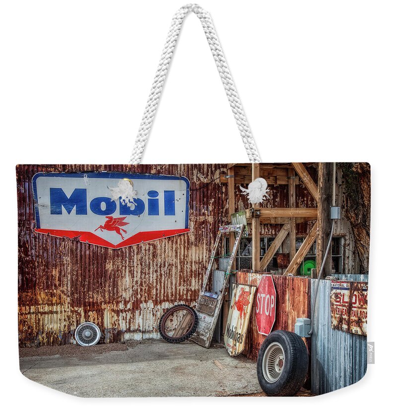 Route 66 Weekender Tote Bag featuring the photograph Mobil Signs by Diana Powell