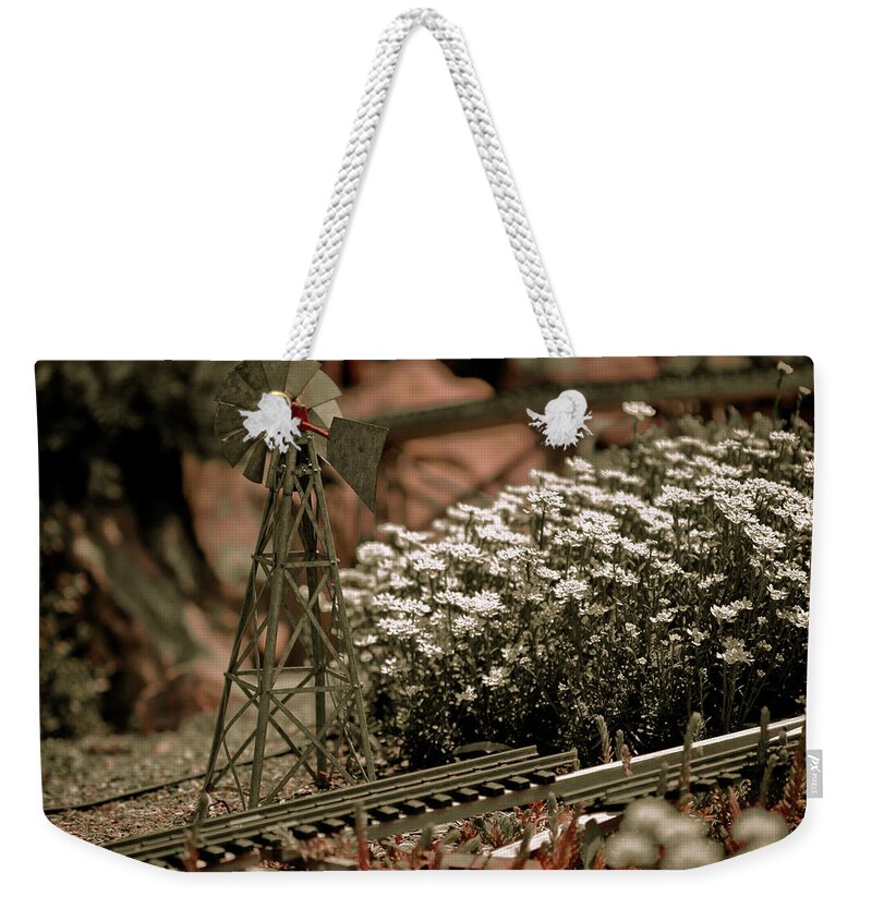 Train Weekender Tote Bag featuring the photograph Model Railroad Windmill by Marilyn Hunt