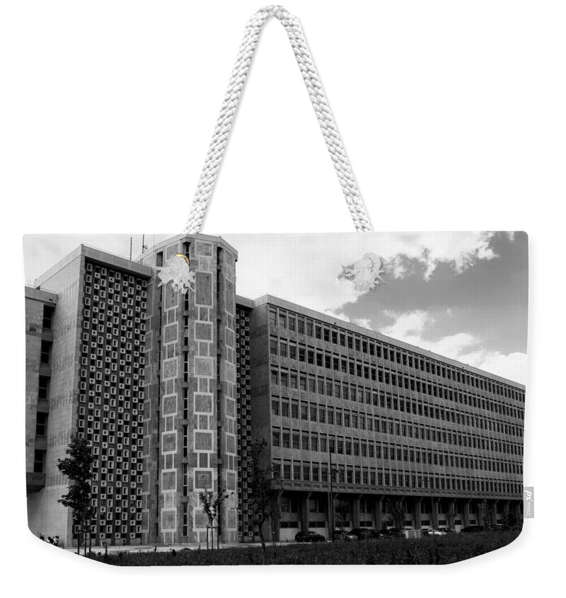 Lisbon Weekender Tote Bag featuring the photograph Modern Lisbon - The Palace of Justice by Lorraine Devon Wilke