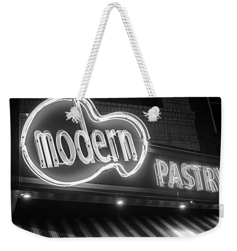 Modern Weekender Tote Bag featuring the photograph Modern Pastry Shop Boston MA North End Hanover Street Neon Sign Black and White by Toby McGuire